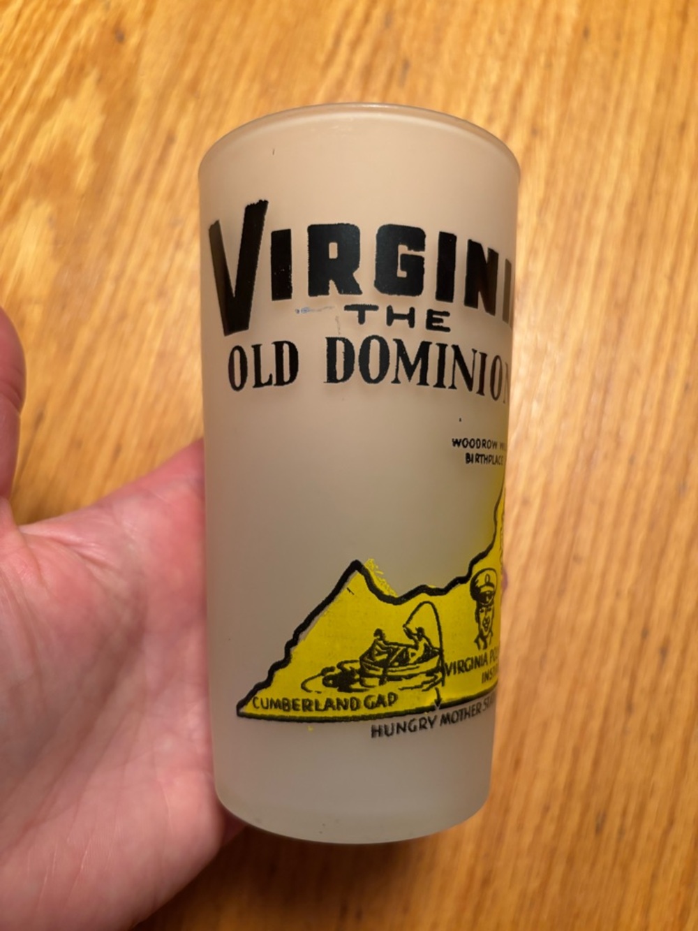 Virginia The Old Dominion Yellow Souvenir Frosted Glass